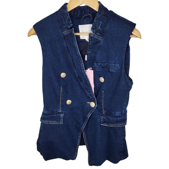 Avec Les Filles Jackets & Blazers - Avec Les Filles Long Asymmetrical Jean Denim Vest Dark Wash Gold Trim Small